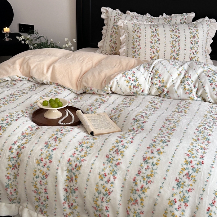 91家纺网 家纺一手货源 找家纺 潘朵拉家纺 2024爆款绒法式双层牛奶绒花边四件套 安妮