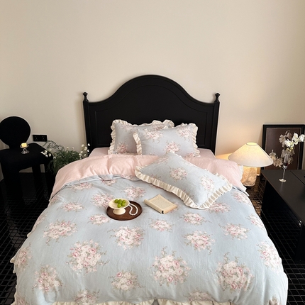 潘朵拉家纺 2024爆款绒法式双层牛奶绒花边四件套 浅夏