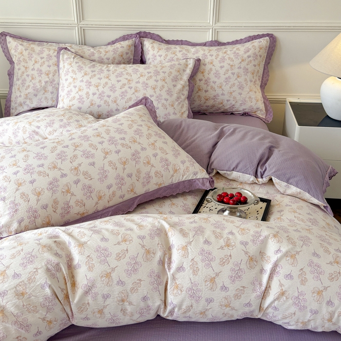 91家纺网 家纺一手货源 找家纺 可思家纺 2024新款韩版花边木棉皱皱纱四件套系列紫薰