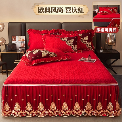 91家纺网 家纺一手货源 找家纺 （总）罗艺轩 2024新款高克重水晶绒夹棉床裙三件套-欧典风尚