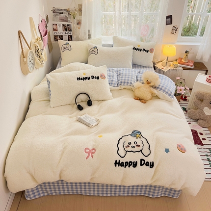 眠帛家居 2024高克重牛奶绒羊羔绒毛巾绣加印大版卡通四件套 旺旺