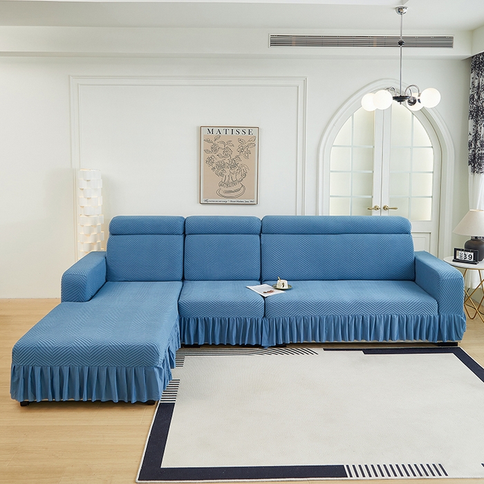 91家纺网 家纺一手货源 找家纺 千彤沙发垫 2024新款拉花绒-全包沙发套-人字纹系列 水蓝