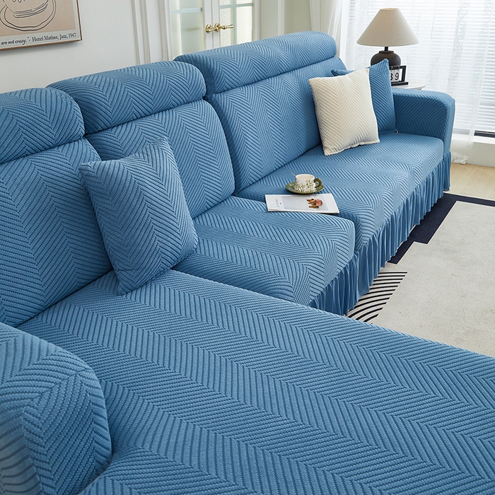 91家纺网 家纺一手货源 找家纺 千彤沙发垫 2024新款拉花绒-全包沙发套-人字纹系列 水蓝