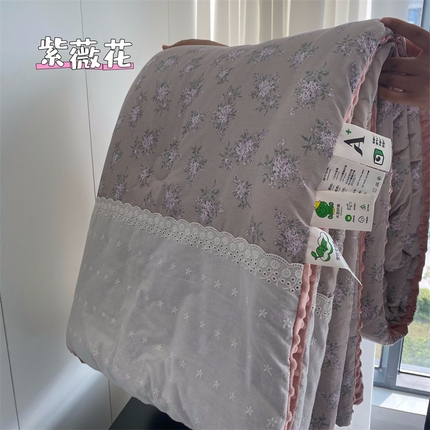 2025新款秋冬季棉加豆豆绒法式花边款豆豆被被芯紫薇花