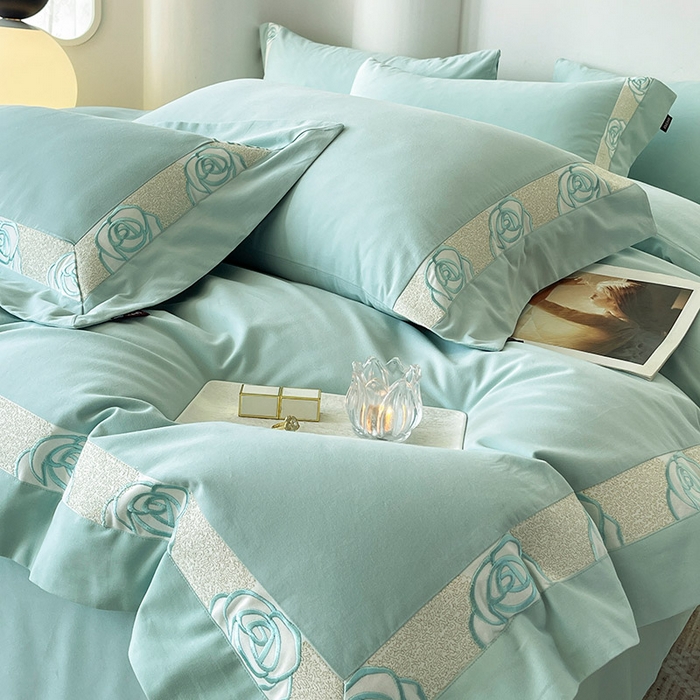 91家纺网 家纺一手货源 找家纺  2024新款秋冬高端全棉加厚磨毛四件套刺绣轻奢高级亲肤裸睡爆款床单被套床笠款床上用品 花韵-茶绿