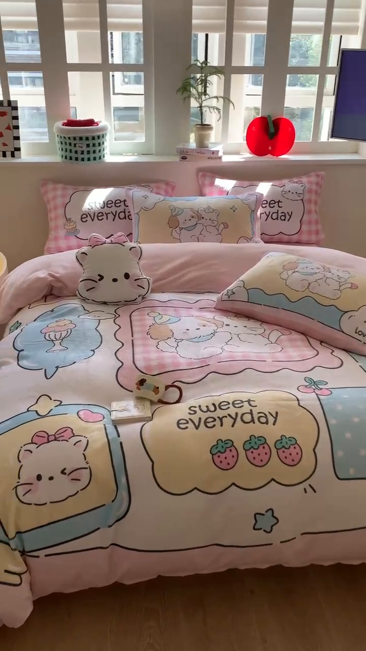 91家纺网 家纺一手货源 找家纺 澳萝拉 2024新款牛奶绒数码印花四件套 萌宠日记