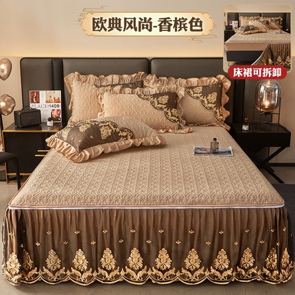 91家纺网 家纺一手货源 找家纺 （总）罗艺轩 2024新款高克重水晶绒夹棉床裙三件套-欧典风尚