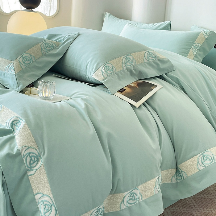 91家纺网 家纺一手货源 找家纺  2024新款秋冬高端全棉加厚磨毛四件套刺绣轻奢高级亲肤裸睡爆款床单被套床笠款床上用品 花韵-茶绿