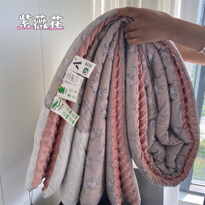 91家纺网 家纺一手货源 找家纺 2025新款秋冬季棉加豆豆绒法式花边款豆豆被被芯 紫薇花