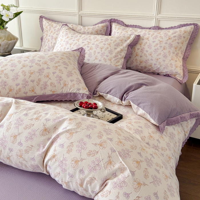 91家纺网 家纺一手货源 找家纺 可思家纺 2024新款韩版花边木棉皱皱纱四件套系列紫薰