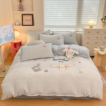 金爱家 2024新款正版三丽鸥授权毛巾绣刺绣工艺加厚牛奶绒系列四件套 绒毛巾绣-蓝格大耳狗