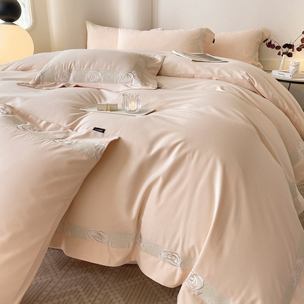  2024新款秋冬高端全棉加厚磨毛四件套刺绣轻奢高级亲肤裸睡爆款床单被套床笠款床上用品 花韵白桃