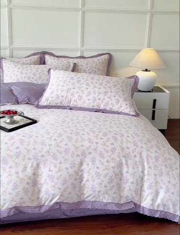 91家纺网 家纺一手货源 找家纺 可思家纺 2024新款韩版花边木棉皱皱纱四件套系列紫薰