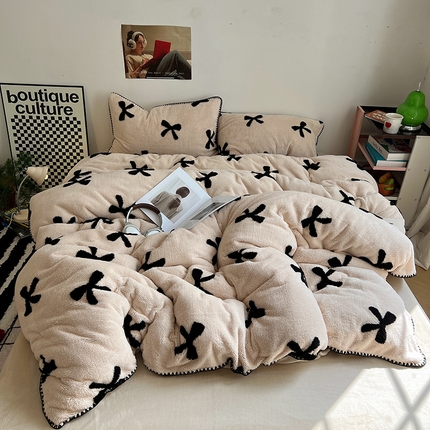 桃子家居 2024新款A类加厚美拉德温暖治愈风舒棉绒黑纱阳离子提花三角针贝壳边牛奶绒系列四件套 绒三角针-美拉德蝴蝶结