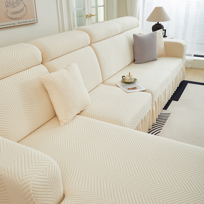91家纺网 家纺一手货源 找家纺 千彤沙发垫 2024新款拉花绒-全包沙发套-人字纹系列 米黄