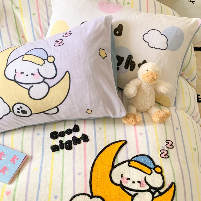 91家纺网 家纺一手货源 找家纺 澳萝拉 2024新款牛奶绒毛巾绣四件套 梦境狗狗