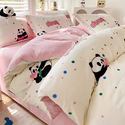 包小包 2023直播爆款220g高克重印花小清新牛奶绒四件套  提供买家秀 可爱熊猫