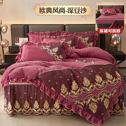 91家纺网 家纺一手货源 找家纺 （总）罗艺轩 2024新款高克重水晶绒夹棉床裙四件套 拉链脱卸床笠式床裙-欧典风尚