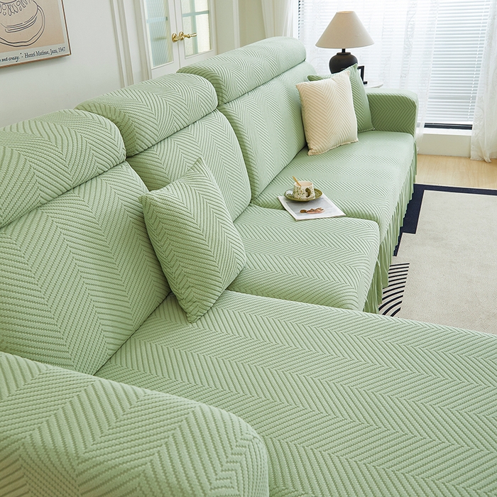 91家纺网 家纺一手货源 找家纺 千彤沙发垫 2024新款拉花绒-全包沙发套-人字纹系列 浅绿
