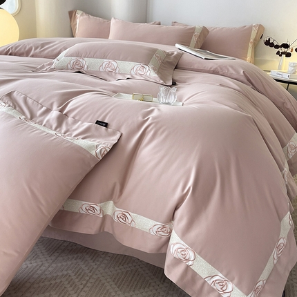  2024新款秋冬高端全棉加厚磨毛四件套刺绣轻奢高级亲肤裸睡爆款床单被套床笠款床上用品 花韵红桃