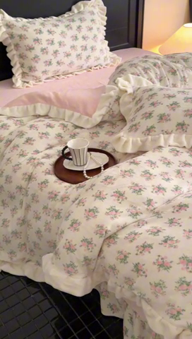 91家纺网 家纺一手货源 找家纺 潘朵拉家纺 2024爆款绒法式双层牛奶绒花边四件套 花溪