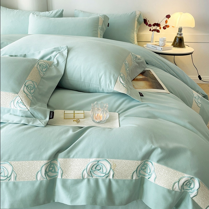 91家纺网 家纺一手货源 找家纺  2024新款秋冬高端全棉加厚磨毛四件套刺绣轻奢高级亲肤裸睡爆款床单被套床笠款床上用品 花韵-茶绿