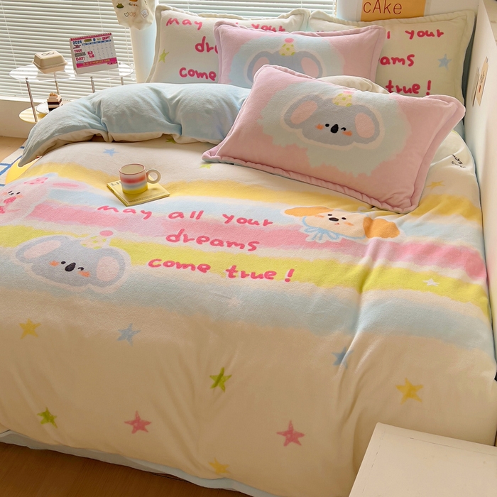 91家纺网 家纺一手货源 找家纺 金爱家 2024新款ins大版牛奶绒数码印花四件套 绒大版-星星乐园