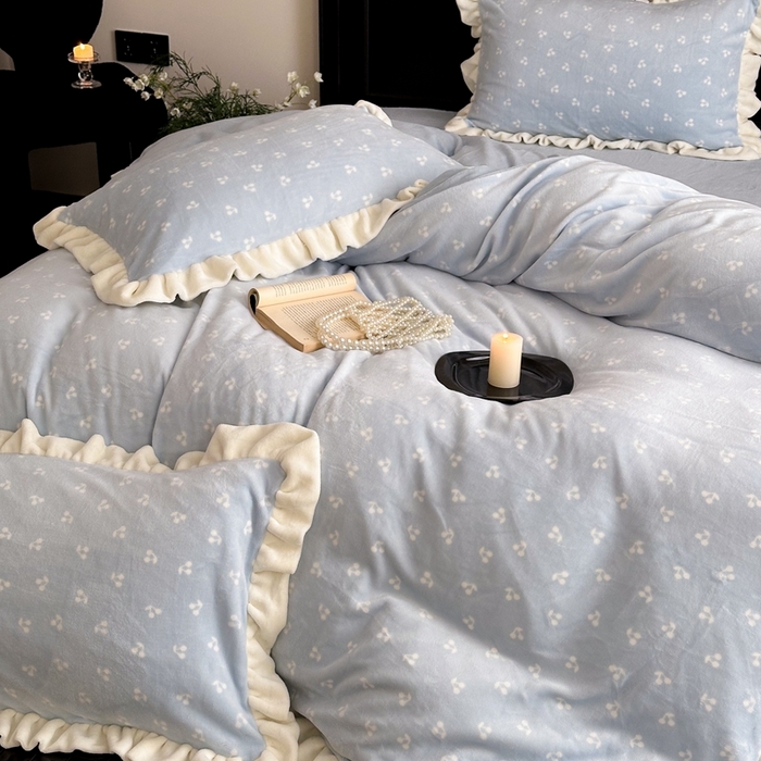 91家纺网 家纺一手货源 找家纺 潘朵拉家纺 2024爆款绒法式双层牛奶绒花边四件套 悠米