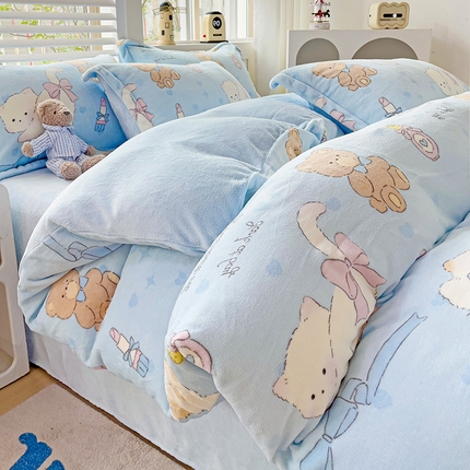 包小包 2023直播爆款220g高克重印花小清新牛奶绒四件套  提供买家秀 可爱小咪蓝