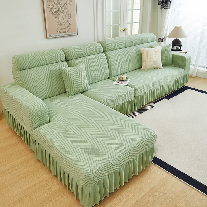 91家纺网 家纺一手货源 找家纺 千彤沙发垫 2024新款拉花绒-全包沙发套-人字纹系列 浅绿