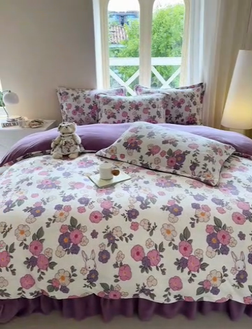 91家纺网 家纺一手货源 找家纺 富之航 2024新款印花牛奶绒床盖四件套 花间小兔