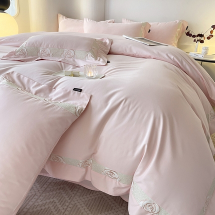  2024新款秋冬高端全棉加厚磨毛四件套刺绣轻奢高级亲肤裸睡爆款床单被套床笠款床上用品 花韵颜粉