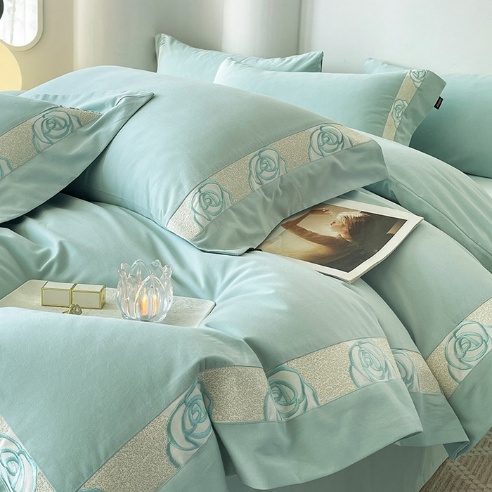 91家纺网 家纺一手货源 找家纺  2024新款秋冬高端全棉加厚磨毛四件套刺绣轻奢高级亲肤裸睡爆款床单被套床笠款床上用品 花韵-茶绿