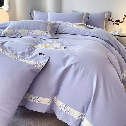  2024新款秋冬高端全棉加厚磨毛四件套刺绣轻奢高级亲肤裸睡爆款床单被套床笠款床上用品 花韵莓蓝