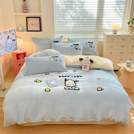 金爱家 2024新款正版三丽鸥授权毛巾绣刺绣工艺加厚牛奶绒系列四件套 绒毛巾绣-蓝黄帕恰狗