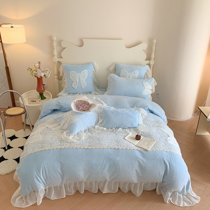 91家纺网 家纺一手货源 找家纺 吾欢心 2024新款公主风蝴蝶仙子加厚婴儿绒牛奶绒四件套床单款床盖款 绒蝴蝶仙子蓝