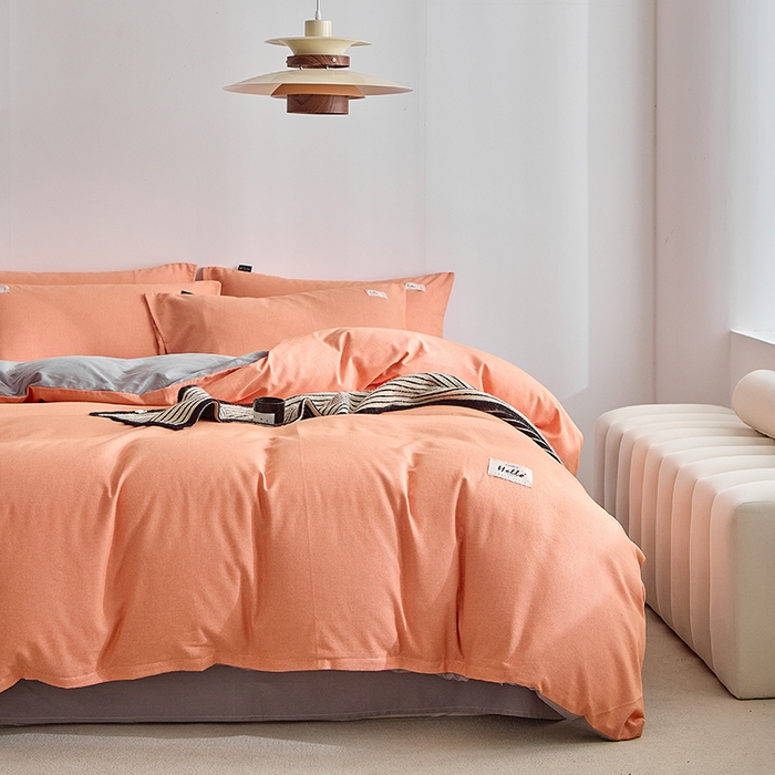 91家纺网 家纺一手货源 找家纺 铭宣家居 2024新款双拼全棉色织磨毛四件套 珊瑚橙-浅灰