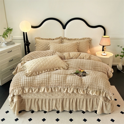 91家纺网 家纺一手货源 找家纺 屹成家纺 2024新款牛奶绒泡泡款床盖四件套 泡泡款-奶咖