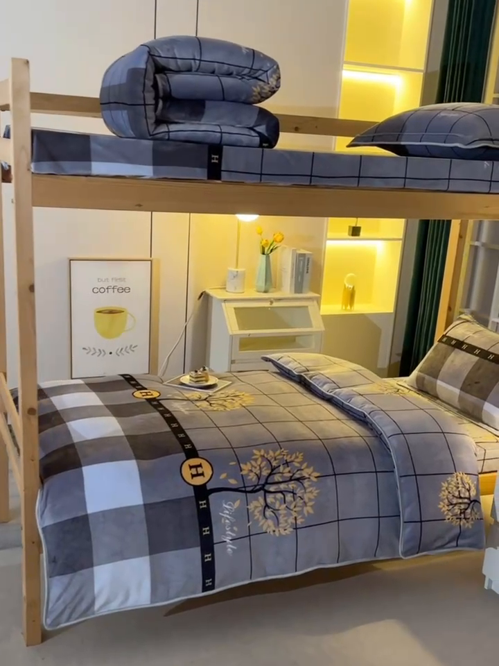 91家纺网 家纺一手货源 找家纺 乐旗家纺 2025新款5斤加厚牛奶绒三件学生宿舍上下铺单人床 简约时尚