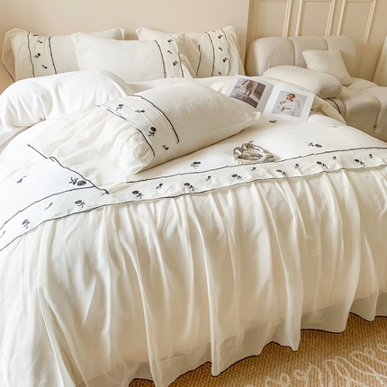 91家纺网 家纺一手货源 找家纺 你好美丽 2025新款200克A类牛奶绒蕾丝花边工艺款四件套 浪漫白黑