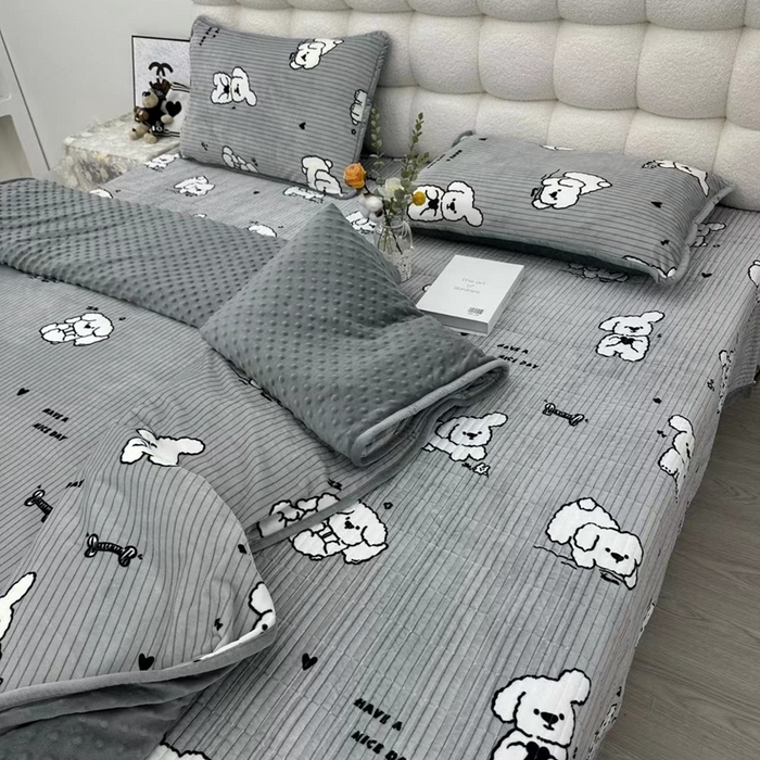 91家纺网 家纺一手货源 找家纺 暖居 2024新款婴儿绒 榻榻米炕盖床盖四件套 旺财灰灰