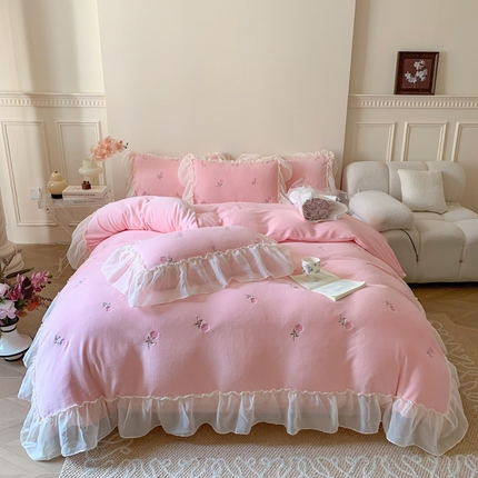 你好美丽 2025新款200克A类牛奶绒蕾丝花边工艺款四件套 安娜粉