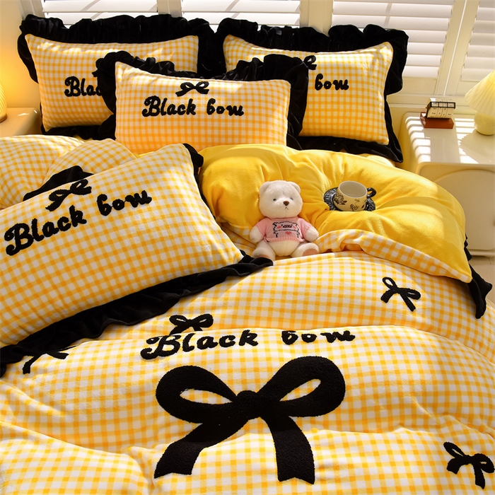 91家纺网 家纺一手货源 找家纺 炫拼家纺 2024新款法式蝴蝶结牛奶绒四件套 法式蝴蝶结-黄