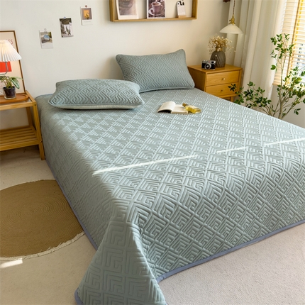 叠派家纺 2024新款水洗棉回字纹夹棉床盖 梧枝绿-月光灰