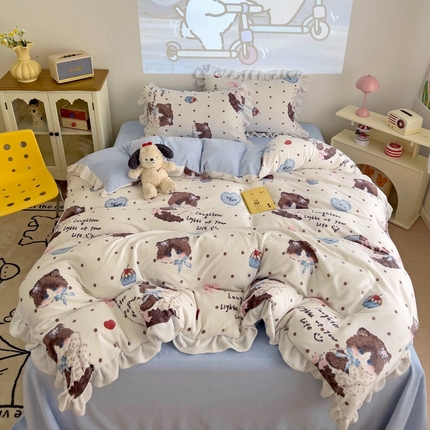 91家纺网 家纺一手货源 找家纺 （总）乐童家纺 2024新款小清新牛奶绒花边款四件套