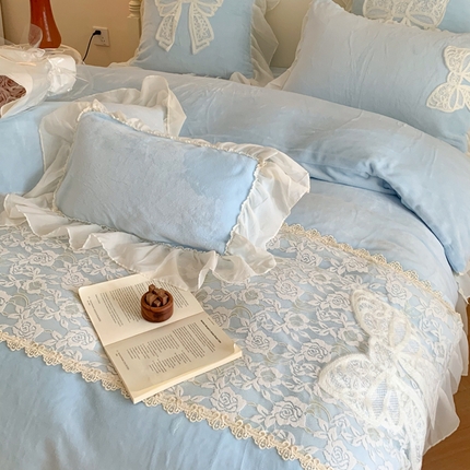 吾欢心 2024新款公主风蝴蝶仙子加厚婴儿绒牛奶绒四件套床单款床盖款 绒蝴蝶仙子蓝