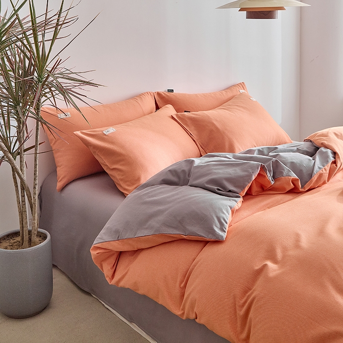 91家纺网 家纺一手货源 找家纺 铭宣家居 2024新款双拼全棉色织磨毛四件套 珊瑚橙-浅灰