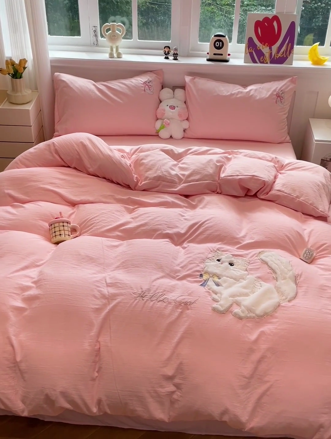 91家纺网 家纺一手货源 找家纺 （总）优色良品家纺 2024新款水洗棉重工刺绣贴布绣四件套-奶猫款式二