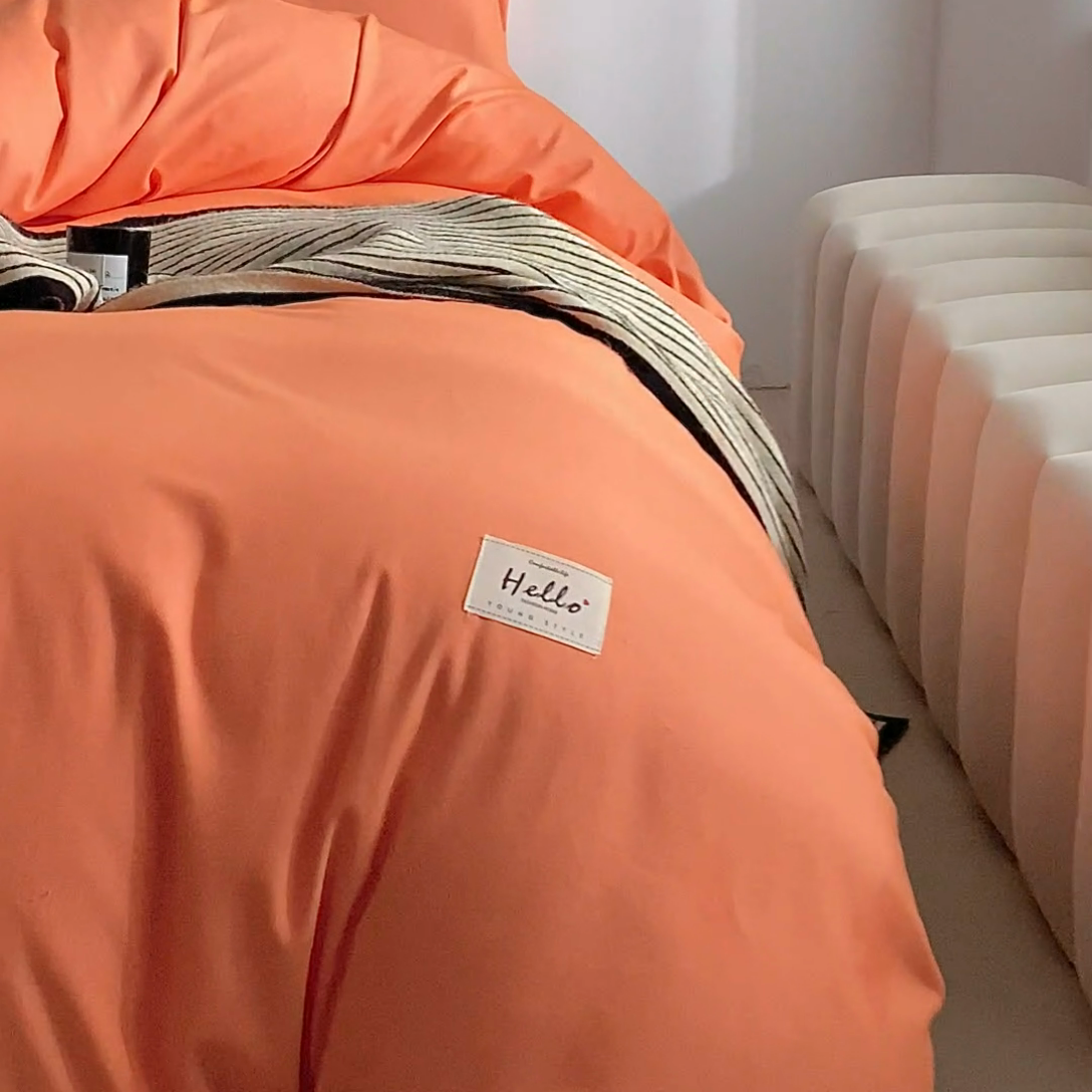 91家纺网 家纺一手货源 找家纺 铭宣家居 2024新款双拼全棉色织磨毛四件套 珊瑚橙-浅灰