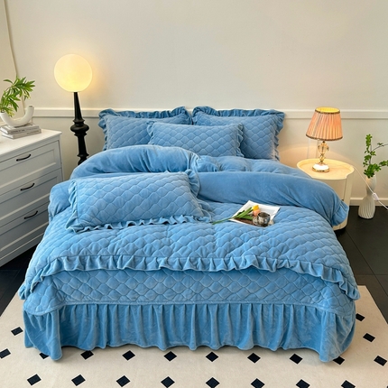 91家纺网 家纺一手货源 找家纺 屹成家纺 2024新款牛奶绒拼接款床盖四件套 拼接款-蓝色